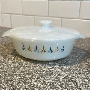 Anchor Hocking White Casserole Dish with Blue and Gold Pattern